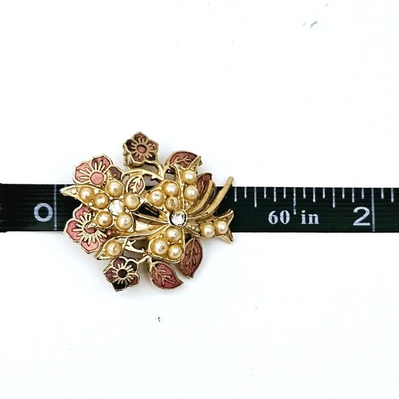 MCM Flower Cluster Brooch Gold Tone Pink Inlay Flowers Faux Pearls 1970 1.6" EUC - Picture 4 of 6